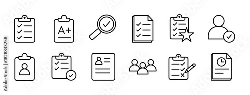 Assessment icon set outline. contains Checklist Clipboard, Grade Report A, Verified Magnifying Glass, Task Evaluation Sheet, Approved Document, Star Rating Assessment, Assessor Profile