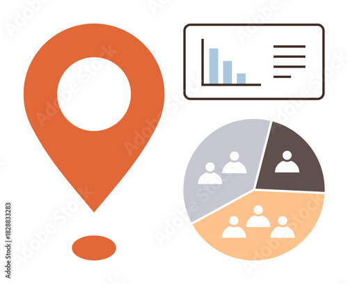 Orange map pointer, bar chart, pie chart with segmented groups. Ideal for data analysis, team management, location insights, business strategy, organizational planning customer segmentation. Simple