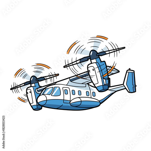 Cartoon illustration of a blue and white tiltrotor aircraft with spinning rotors.