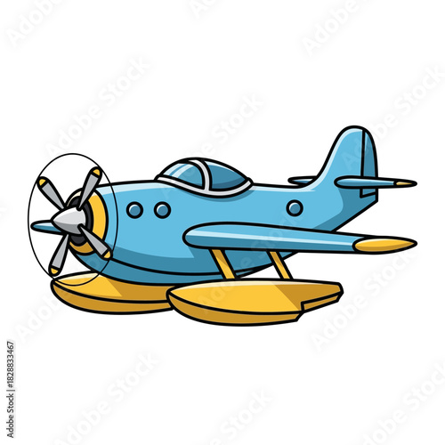 A cartoon illustration of a light blue seaplane with yellow floats and a propeller on a white background.