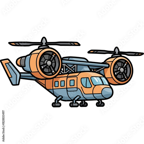 Cartoon illustration of a tiltrotor aircraft with two large propellers and a detailed design.