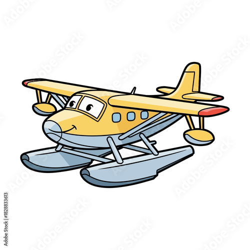 A cute cartoon yellow seaplane with a smiling face and floats for water landing, isolated on a white background.