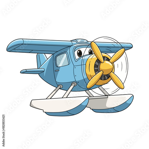 Cartoon seaplane with a propeller and pontoons, blue and yellow.