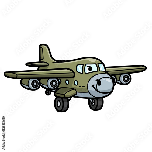Cartoon illustration of a smiling airplane with wheels, wings, and engines, ready for flight.