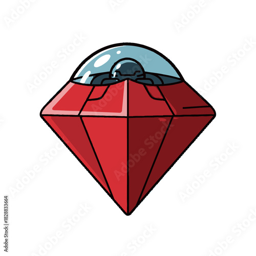 A cartoon illustration of a red, diamond-shaped UFO with a shadowy alien pilot inside the cockpit, isolated on a white background.