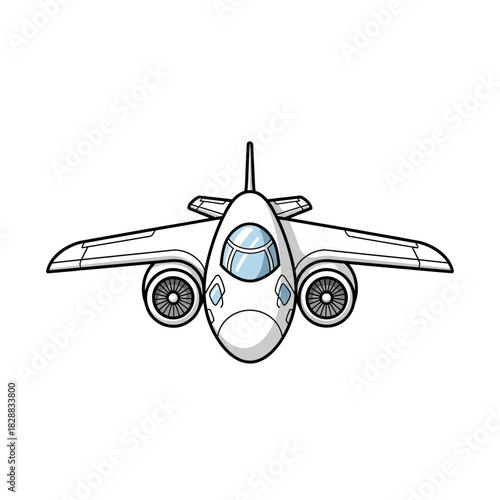 Cartoon illustration of a white airplane with black outlines.