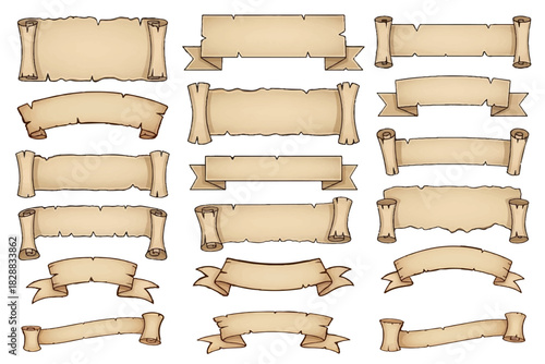 Set Of Vintage Beige Parchment Scrolls And Old Paper Ribbon Banners For Text Design