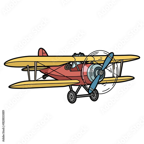 A colorful cartoon illustration of a vintage red and yellow biplane with a spinning propeller, isolated on a white background.