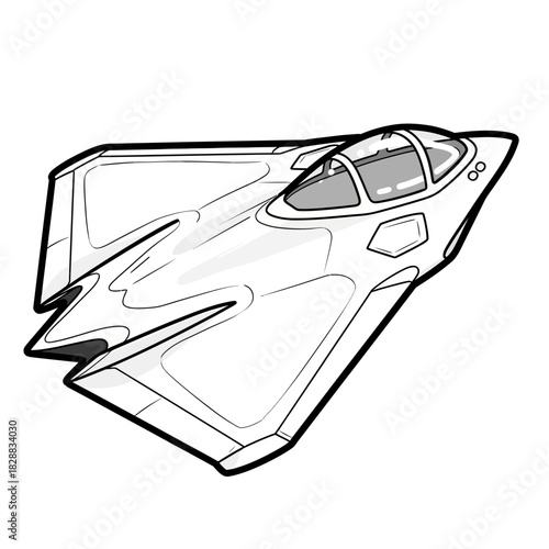 Black and white line art drawing of a futuristic stealth fighter jet aircraft.