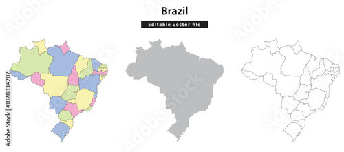 Brazil map. Three maps of Brazil, one colorful, one gray, and one with only outlines of the states.