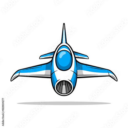 Front view of a blue and white cartoon spaceship or jet fighter isolated on a white background.