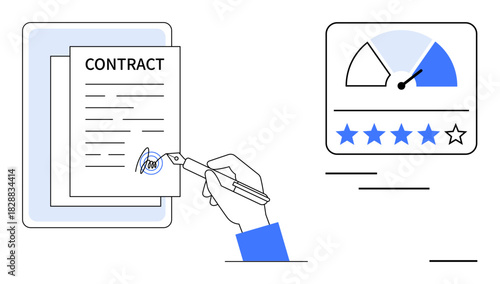 Contract signing. Contract agreement workflow with pen, document and signature. Contract paired with customer satisfaction rating. For business, agreements, feedback, rating systems, customer