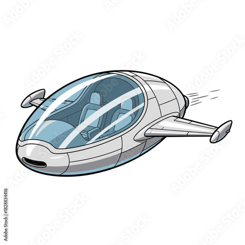 A sleek, white futuristic personal aerial vehicle, illustrated in a cartoon style on a white background.
