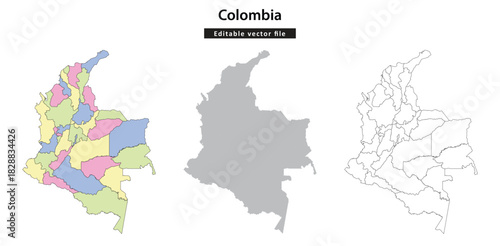 Colombia map. Set of three vector maps of Colombia showing political divisions, silhouette, and outlines on a white background.