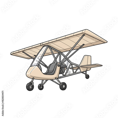 A detailed cartoon illustration of a single-engine ultralight aircraft with a fabric wing and open cockpit.
