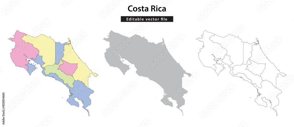 Obraz premium Costa Rica map. Editable vector map set of Costa Rica showing political divisions, solid shape, and outline for geographic and administrative purposes.