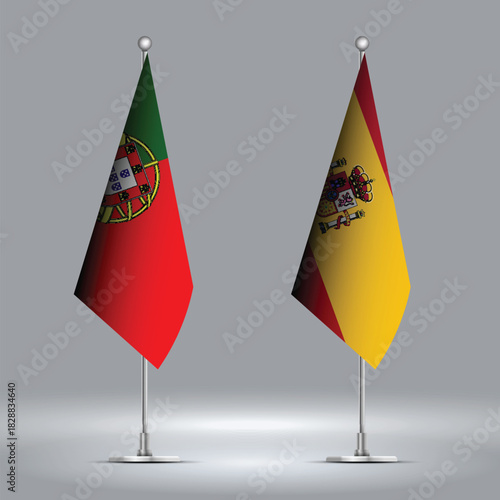Two Standing Flags Representing Spain vs Portugal with Flags on Bodies 