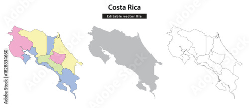Costa Rica map. Editable vector map set of Costa Rica showing political divisions, solid shape, and outline for geographic and administrative purposes.