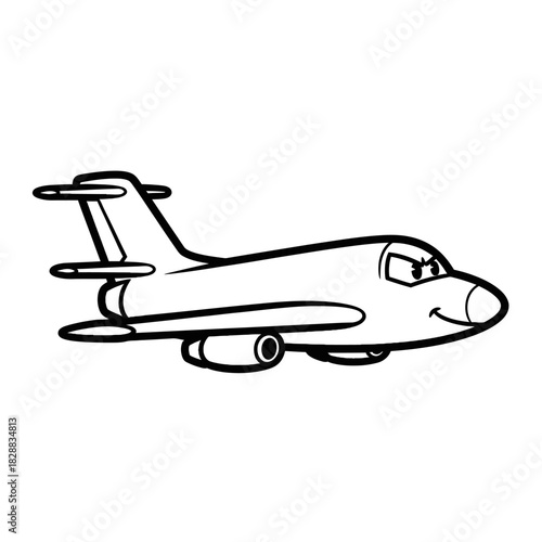 Cartoon airplane with a face, outlined in black and white.