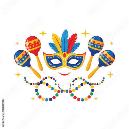 Colorful Mardi Gras mask with feathers and maracas surrounded by beads and sparkles on white background. Perfect for parties, celebrations, and festive events.