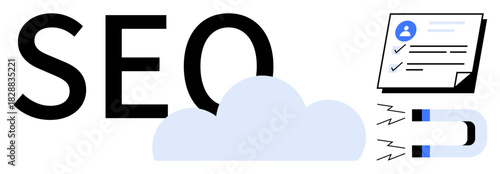 SEO text, cloud, checklist with user profile, and magnet with arrows. Ideal for digital marketing, content strategy, online growth, branding, lead generation user engagement simple flat metaphor