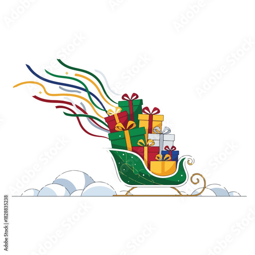 A green cartoon sleigh filled with colorful gifts and ribbons, presented on a white background with clouds. Perfect for Christmas, holiday cards, and festive decorations.