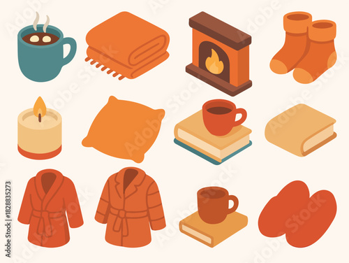 Cozy Winter Isometric Collection – Hot Drink, Blanket, Fireplace Icons.