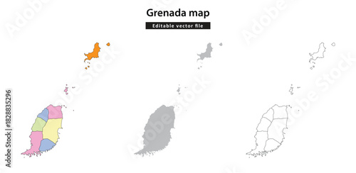 Grenada map. Set of three vector maps of Grenada showing political divisions, silhouette, and outline on a white background.