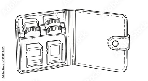 Black and white illustration of a memory card wallet with slots for SD cards.