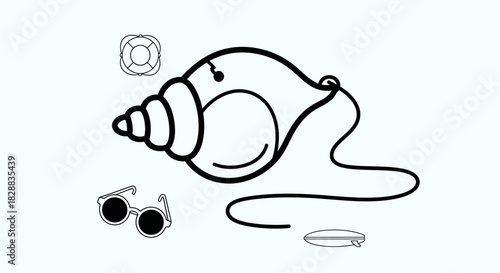 Summer beach vacation clip art with seashell, sunglasses, and surfboard.