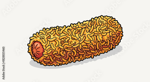 A cartoon corndog covered in crispy fried noodles.