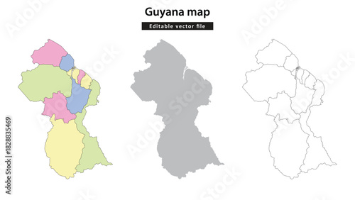 Guyana map. Three detailed vector maps of Guyana showing its administrative divisions and outline.