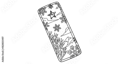 Winter phone case design with snowflakes, trees, and mountains