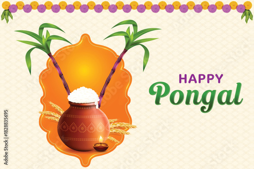 Pongal Festive Celebration With Rice Mud Pot, Wheat Ear, Sugarcane And Oil Lamp On Beige Background. Grand Indian  Festival Offer Sale Landing Page Vector Illustration For E-commerce, Greetings