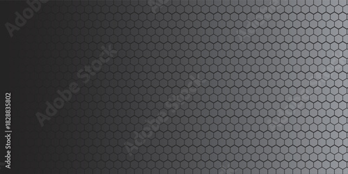 Dark grey abstract wide horizontal banner with hexagon carbon fiber grid and orange luminous lines. Technology vector background with orange neon lines