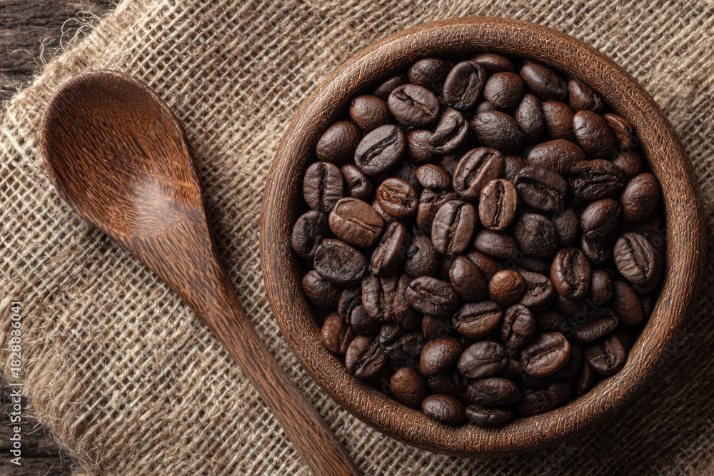 Fototapeta premium Roasted Coffee Beans in Wooden Bowl 