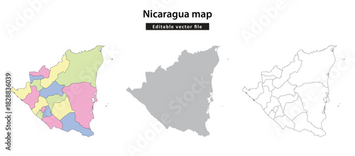 Nicaragua map. Set of three vector maps of Nicaragua showing administrative divisions, a solid silhouette, and an outline.