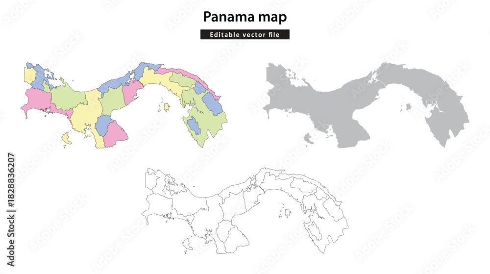Fototapeta premium Panama map Three detailed vector maps of Panama showing its geographical outline and internal administrative divisions.
