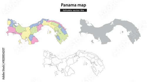 Panama map Three detailed vector maps of Panama showing its geographical outline and internal administrative divisions.