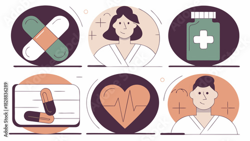 Healthcare icons featuring doctors, medicine, heart monitoring, and treatment tools in clean, modern illustration style.