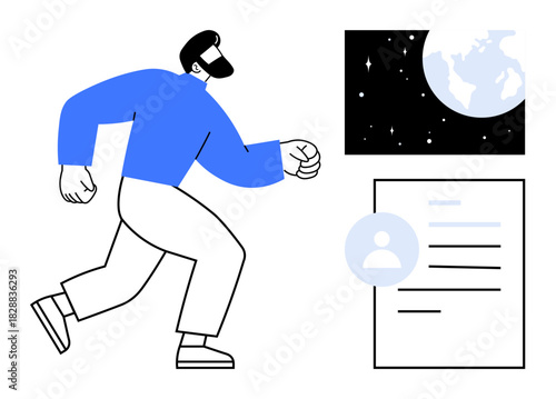 Man walking forward, resume details, Earth with stars in space. Ideal for career advancement, global ambitions, personal goals, professional focus, development, motivation aspirational imagery