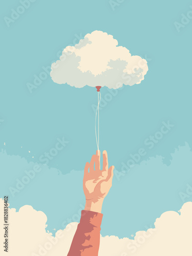 Surreal hand holding a cloud tied with a string like a balloon, dream and imagination concept, blue sky