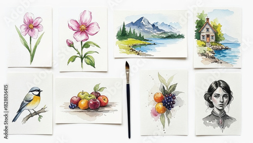 This image displays a flat lay of eight small, postcard-sized watercolor paintings arranged around a single dark paintbrush on a white background. The subjects form a diverse collection.