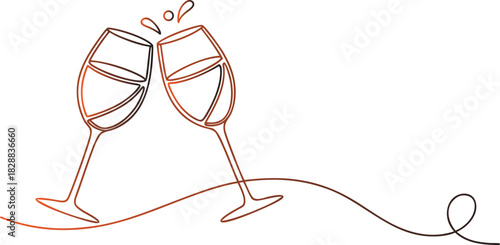 Modern continuous line art illustration of two elegant wine glasses clinking in a festive toast, with dynamic splashes, symbolizing celebration, joy, and special occasions