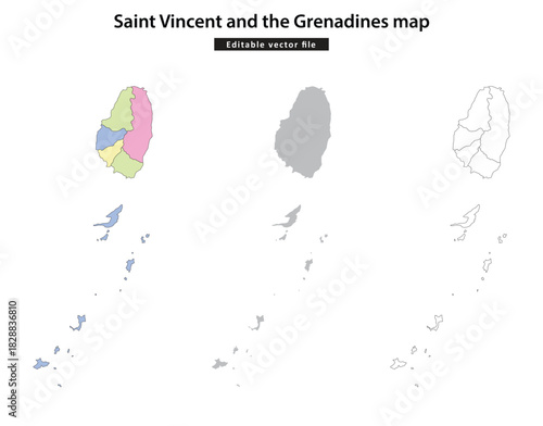 Set of Saint Vincent and the Grenadines maps showing parishes, silhouette, and outline.