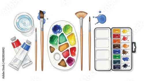 top-down illustration of a complete watercolor painting setup. It features a plastic palette with vibrant paint blobs, a travel watercolor box, wooden-handled brushes, two tubes of paint.