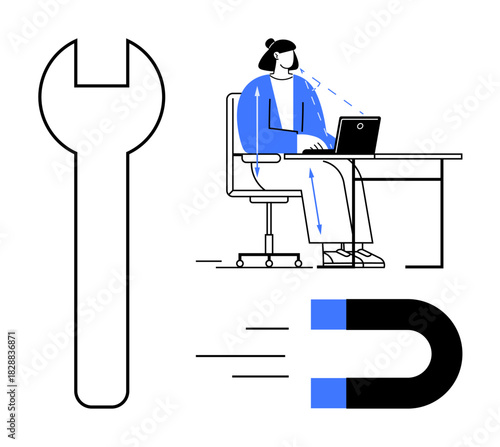 Productivity concept. Productivity illustrated with tools, workspace elements, and magnetic attraction. Productivity enhancement in office work, workflow management, and creative solutions. Usage