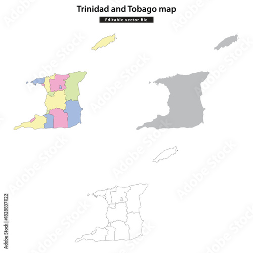 Trinidad and Tobago map. Multiple detailed vector maps of Trinidad and Tobago showing administrative divisions and outlines.