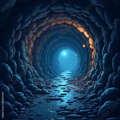 Mysterious illuminated tunnel with rocky walls and reflective wet ground, conveying a sense of exploration and wonder