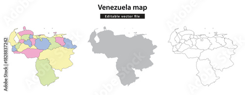 Venezuela map with different representations, including colored, gray, and outline versions, showcasing the country's geography.